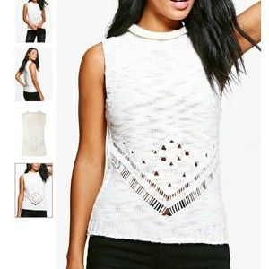 NWT BOOHOO Sz L Freya Pointelle Knit Tank Top Cotton Blend Beige UK Made